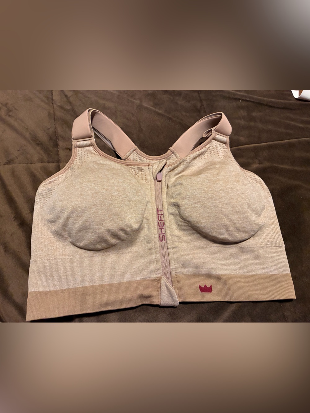 SHEFIT Neutral Front-Zip Support Sports Bra - Light Taupe, size 2luxe